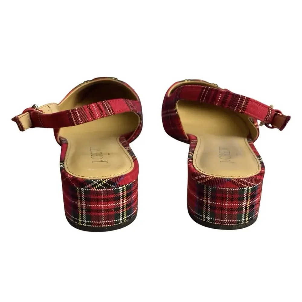 J.Crew Tartan Cap Toe Holiday Low-Heel Slingback Flat Red Black Plaid 8.5 M